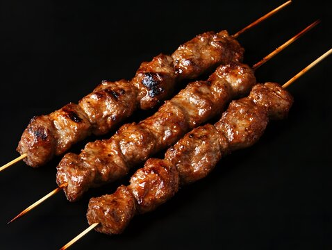 Perfectly Charred Shish Kebabs: Grilled Meat Skewers in a Minimalist Setting, meat on the grill