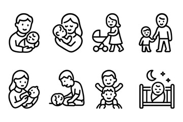 Family moments with parents and children in simple line style, vector illustration