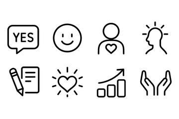 Daily affirmations and personal growth icons for positive mindset, vector illustration