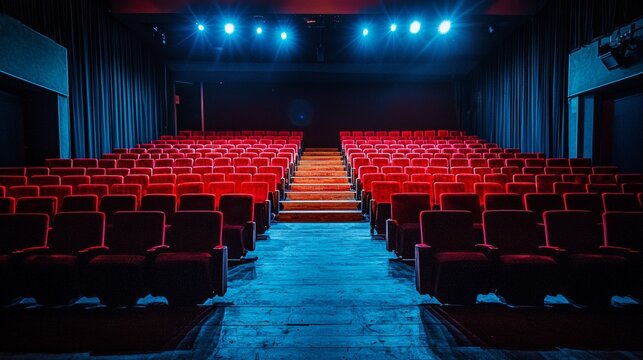 Empty theater with red chairs and illuminated stage for cinematic dramatic entertainment venue interior photography concept