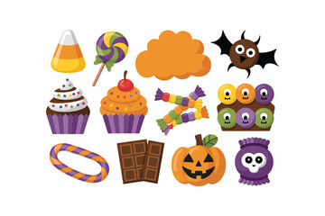 Halloween Candy Icon Set Cupcakes Lollipops Chocolate Bat Pumpkin Sweets Treats vector
