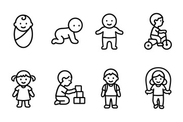 Childhood milestones and activities line art collection, vector illustration
