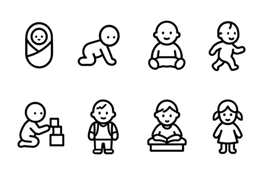 Baby development stages icons featuring infants and toddlers in line art style, vector illustration