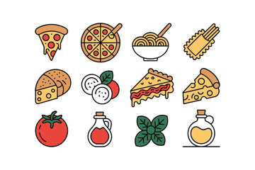 Italian Food Icons Pizza Pasta Cheese Tomato Basil Olive Oil Set vector