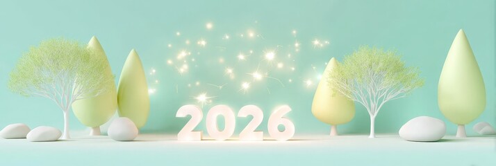 2026 new year celebration sparkling tree landscape in pastel colors