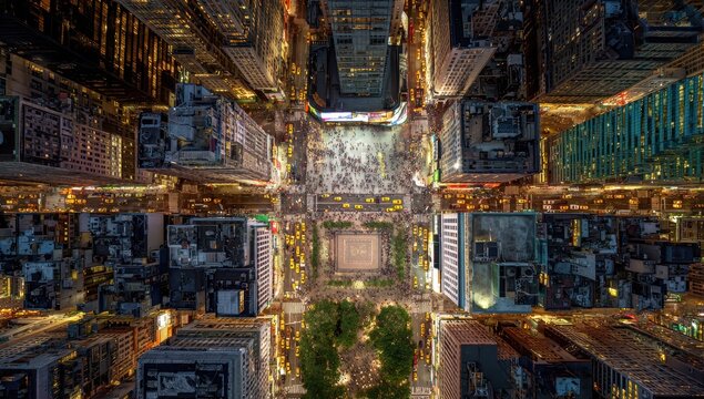 Night aerial view Times Square, NYC, crowd, city lights