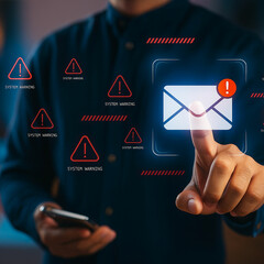 Person interacting with digital interface displaying system warnings and email notification