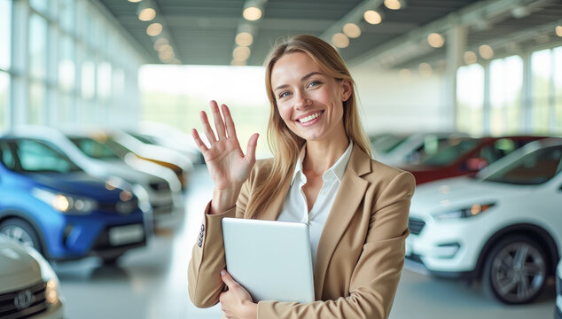 A female car salesman with a tablet in her hands waves at a car dealership