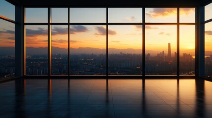 Stunning panoramic view of city skyline du sunset from high-rise building with large glass