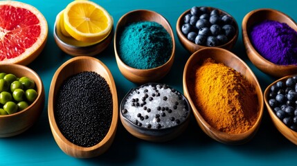 Colorful spices and fruits arranged in wooden bowls on blue table for tropical food flavor concept photography