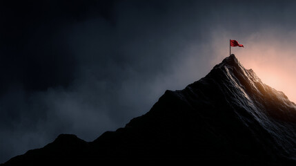 Mountain peak with flag at summit, symbolizing achievement and triumph