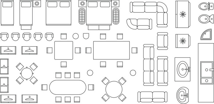 Furniture icon set, seat plan, floor plan icon set, interior design, living room, bathroom, sofa, bedchamber, architectural elements, blueprint, customizable stroke, vector, illustration