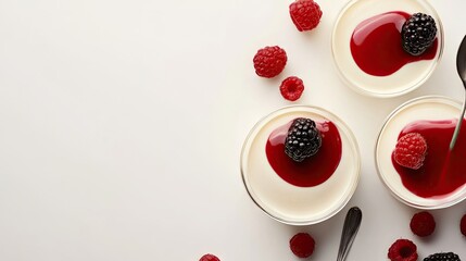 Three dessert parfaits topped with fresh berries and red sauce.