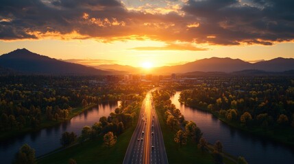 Fototapeta premium Scenic view of a long highway bridge crossing a river at sunset with mountains and forest in the background