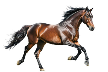 Obraz premium Majestic pegasus horse in full stride isolated on a clean white background with flowing mane and elegant posture