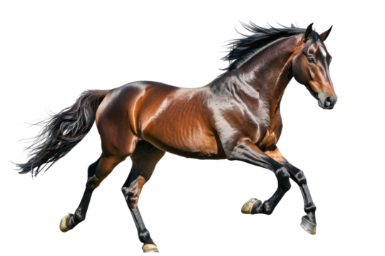 Majestic pegasus horse in full stride isolated on a clean white background with flowing mane and elegant posture