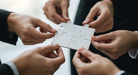 Hands assembling a jigsaw puzzle representing teamwork and collaboration in business success