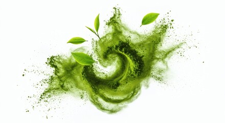 Artistic food design with swirling matcha powder and suspended green tea leaves, creating a modern natural aesthetic, captured in motion on white background.