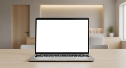 Modern Laptop Displaying Blank Screen on Wooden Desk in Brightly Lit Office Environment