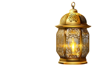 Beautiful gold metallic Ramadan lantern glowing warmly in an isolated setting perfect for festive decoration and celebration