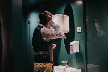 Man dressed elegantly, standing in front of a mirror in a stylish bathroom with dark green walls and modern design, adjusting his hair, reflecting grooming and self-awareness.