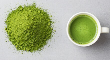 Creative top-down matcha layout powdered green tea on the left, fresh whisked matcha on the right in white cup, highlighting texture contrast, clean aesthetic.