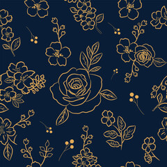 Seamless floral design featuring golden rose and flowers on navy blue background. ideal for branding, wrapping paper, and luxury stationery prints.