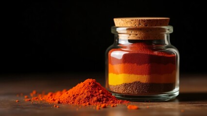 A glass jar filled with layers of colorful powder and a cork on dark background