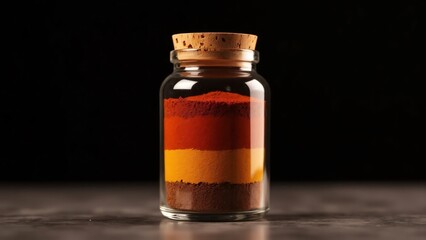 A glass jar filled with layers of colored powder and sealed with a cork lid