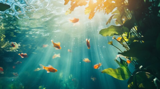 Underwater sunlight scene with tropical fish and plant silhouettes for aquatic nature photography and background design usage