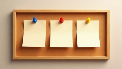 Three sticky notes pinned to a cork board with colored push pins on a wall