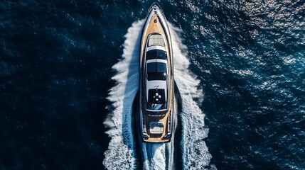Aerial view of luxury yacht speeding through blue ocean waters creating white wake.