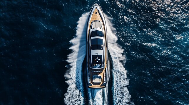 Aerial view of luxury yacht speeding through blue ocean waters creating white wake.