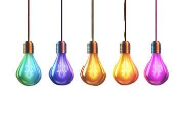 Naklejka premium Colorful electricity glowing in light bulbs hanging on a black background highlighting vibrant hues and intricate designs