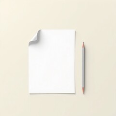 A blank sheet of paper with curled corner and a pencil on a cream surface