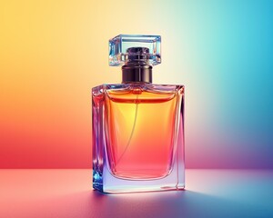 A clear glass perfume bottle, bathed in vibrant, gradient colors