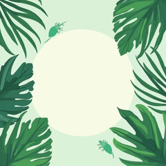 Lush tropical foliage surrounds a central circular space, creating a vibrant, natural frame.