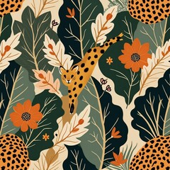 Illustration of a cheetah climbing through stylized jungle vegetation art