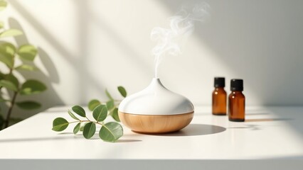 A humidifier with essential oils and a plant on a white surface in sunlight