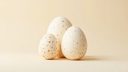 Three speckled eggs of varying sizes arranged together on a plain background
