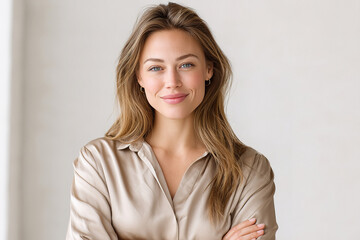 Fototapeta premium young beautiful woman standing with long brown hair on isolated background