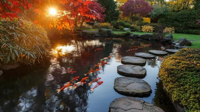 Serene autumnal pond with koi fish swimming, stepping stones, and vibrant foliage under sunset