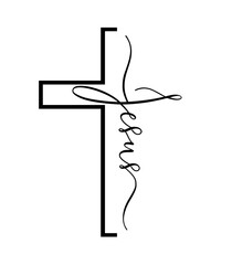 Jesus cross lettering, Christian t-shirt design. Jesus - word in black color with handwritten inscription. Vector illustration