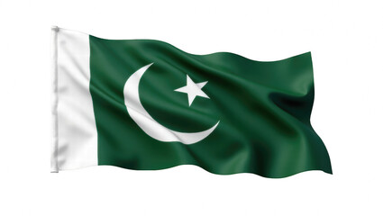 Green and white flag of Pakistan waving in the wind  
