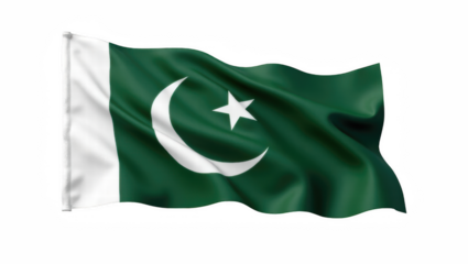Green and white flag of Pakistan waving in the wind  
