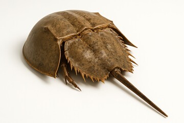 Horseshoe crab crawling on sandy beach with ancient armored shell, symbolizing prehistoric resilience and marine life survival in natural habitat.