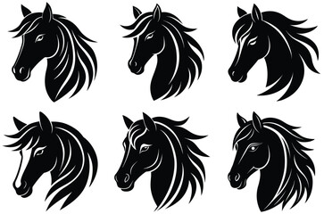 Collection of stylized black horse head silhouettes with flowing manes