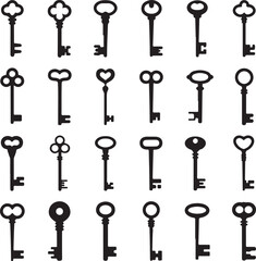 Vintage key black silhouette, security metal collection