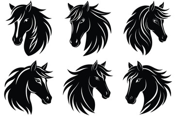 Six stylized black horse head silhouettes with flowing manes