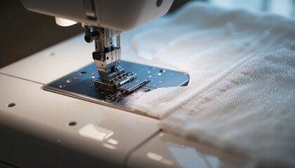 Close-up industrial sewing machine manufacturing equipment with steel and metal technology